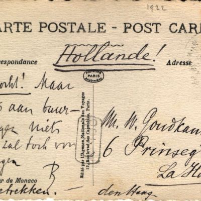 Op deze ansichtkaart uit 1922 heeft Bredius zijn huismester Willem Goudkamp laten weten dat hij een huis heeft gekocht in Monaco.