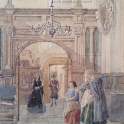 Kerkinterieur met figuren. Collectie kunsthandel Pygmalion, Maarssen.